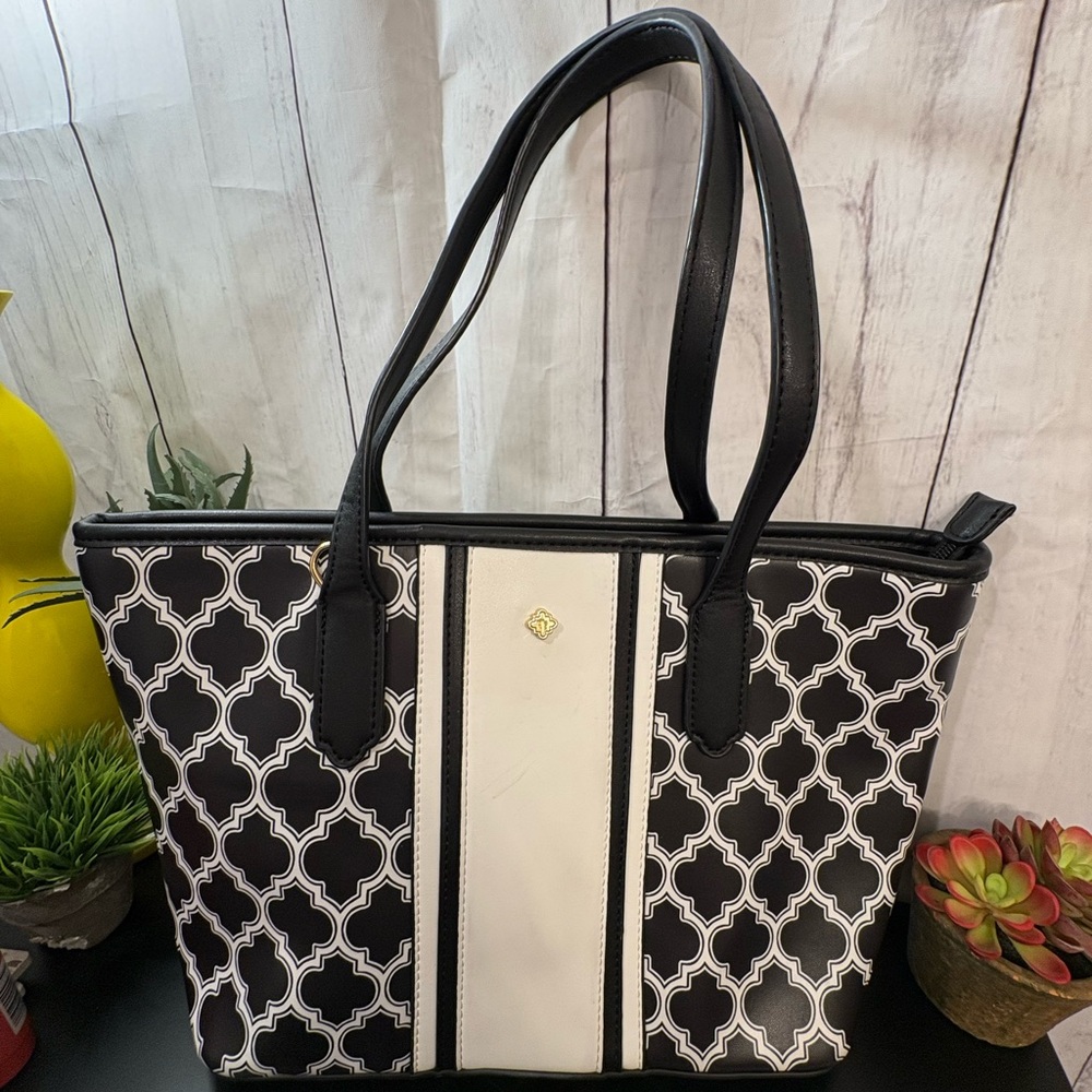Crown & Ivy Black and White Geometric Tote with Leather Trim